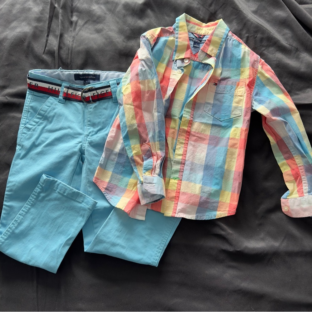 Colorful Plaid Shirt and Blue Pants Set.  Size5-6 little boys